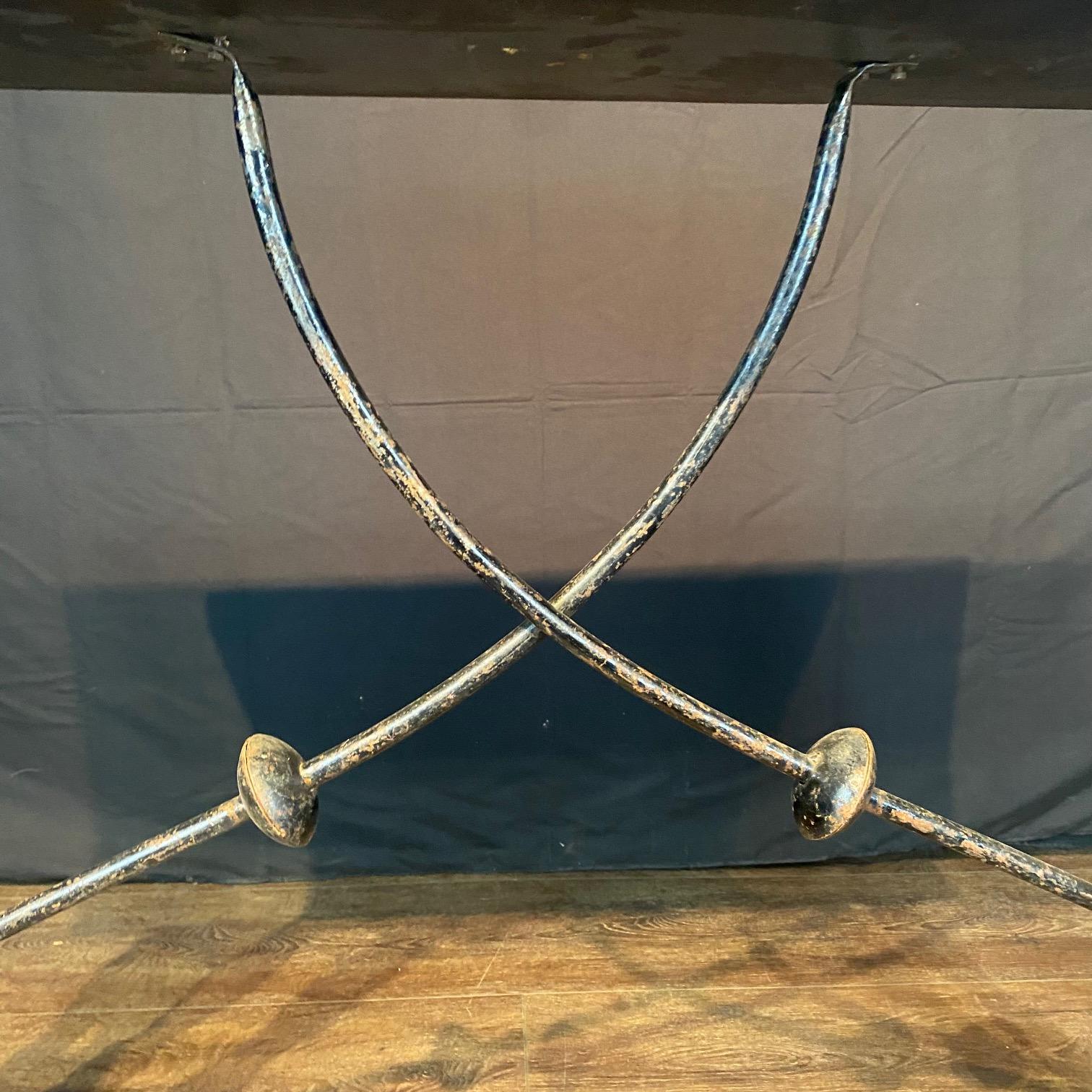 Ebony Spanish Console Table or Sofa Table with Carved Top and Iron Stretchers For Sale 1