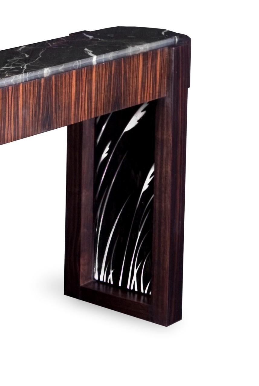 Art Deco Ebony, Stone and Patenated Steel Deco Influenced Console Table, Customizable