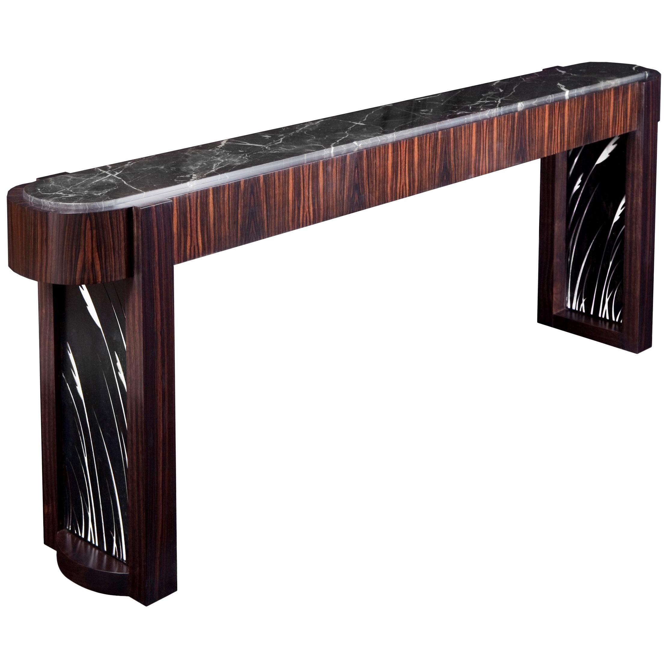 Ebony, Stone and Patenated Steel Deco Influenced Console Table, Customizable