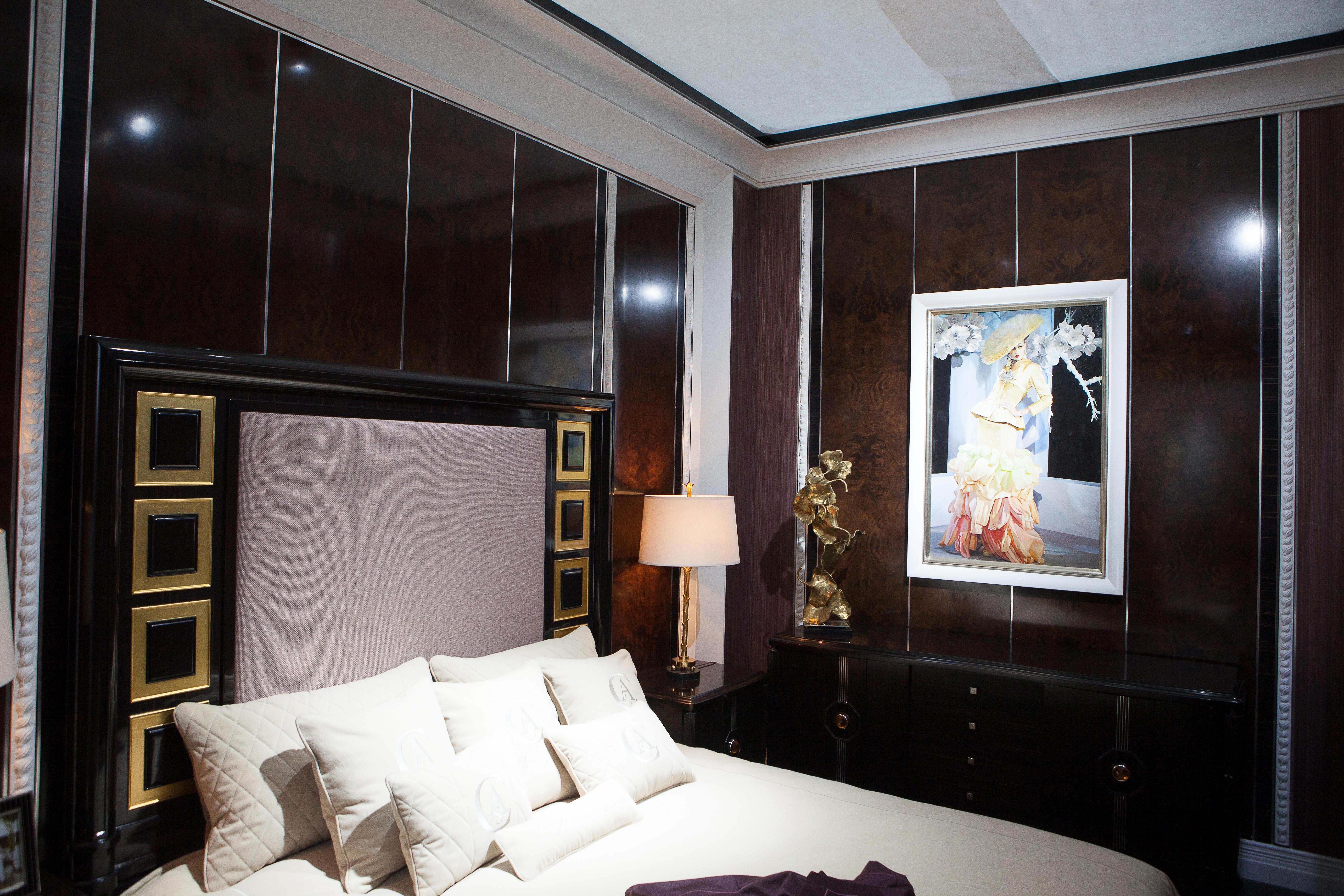 Ebony Wood and Gold Leaf Contemporary Bed For Sale 9