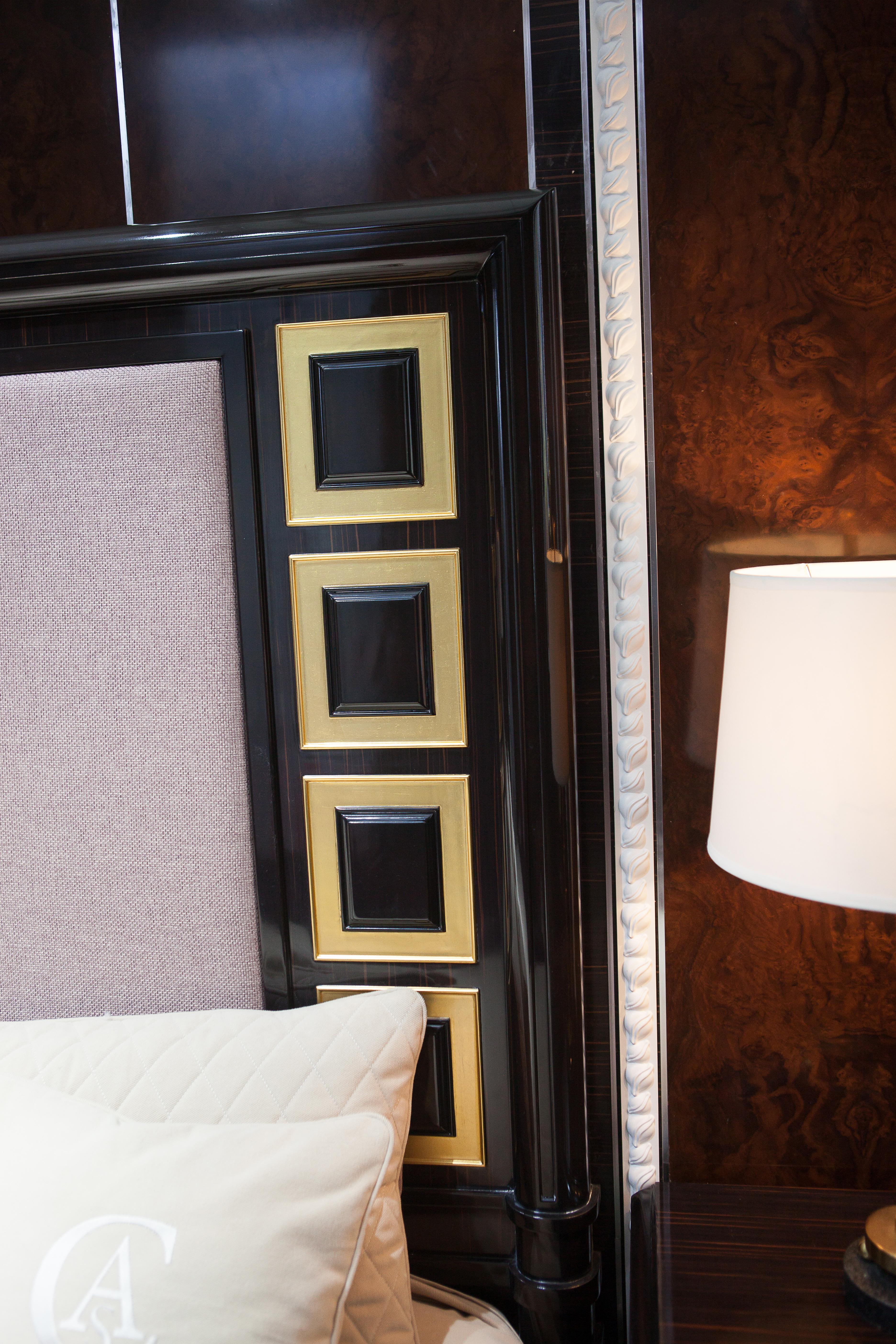 Neoclassical Revival Ebony Wood and Gold Leaf Contemporary Bed For Sale