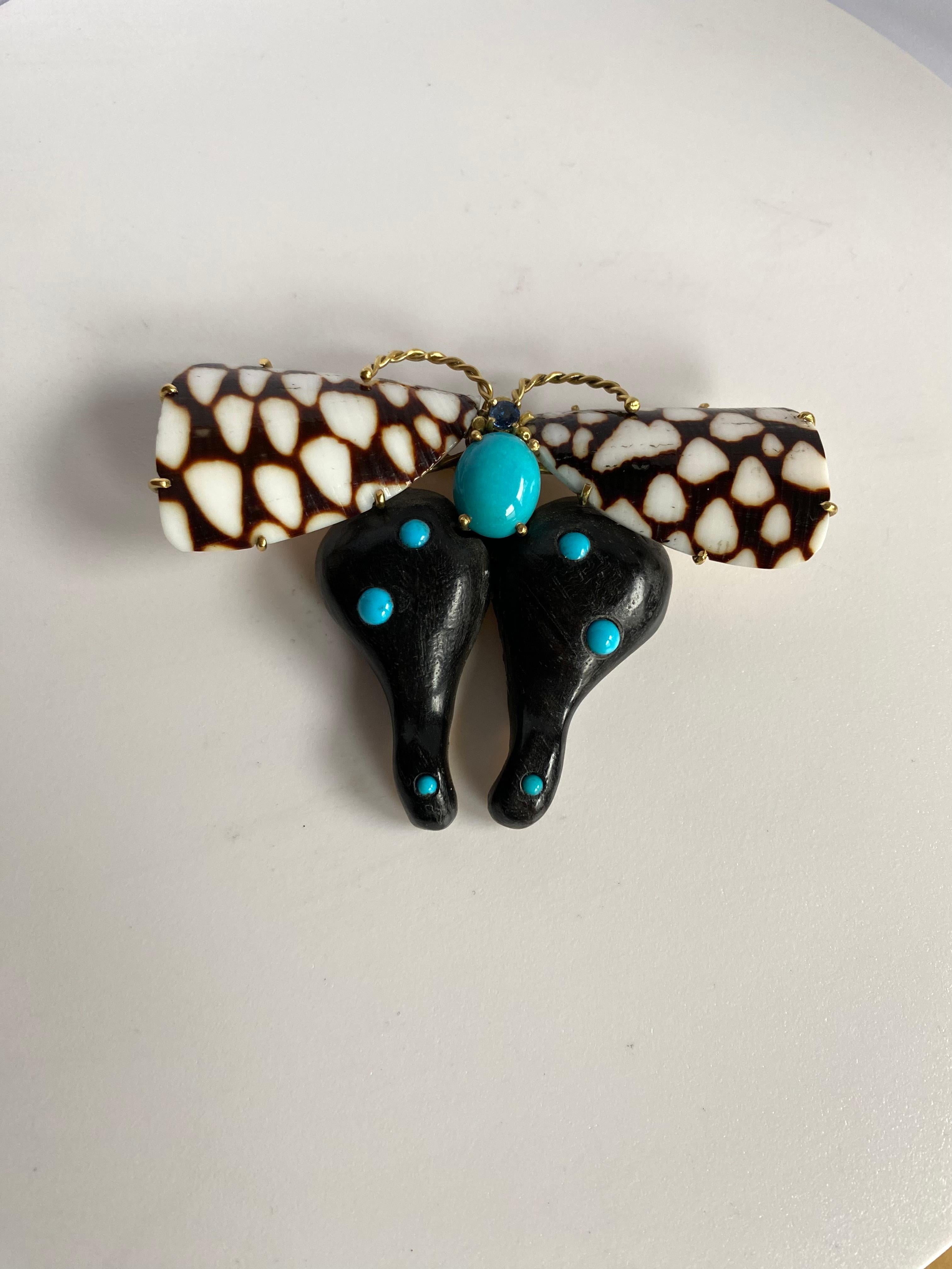 Cabochon Ebony wood & Cone Shell Butterfly with Turquoise For Sale