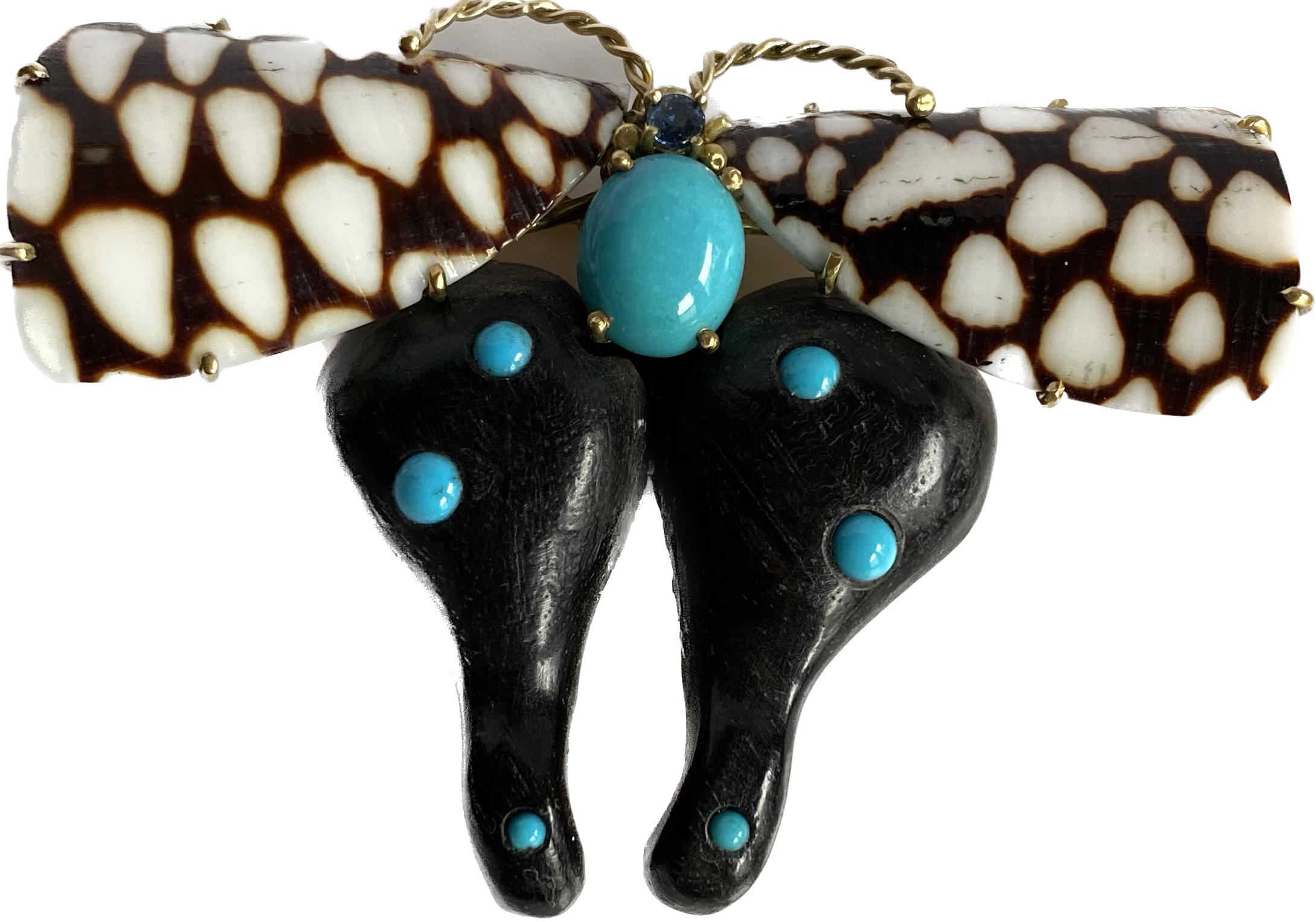 Ebony wood & Cone Shell Butterfly with Turquoise In New Condition For Sale In Greenwich, CT