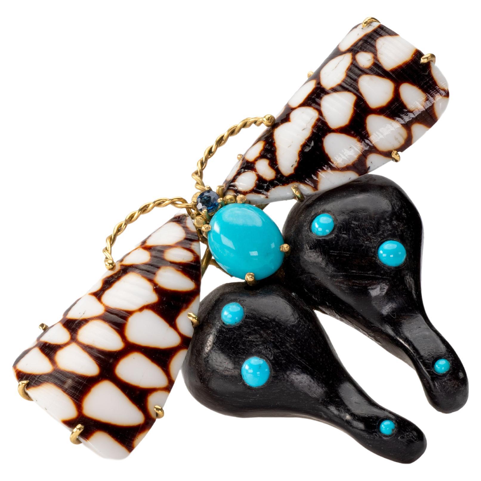 Ebony wood & Cone Shell Butterfly with Turquoise For Sale