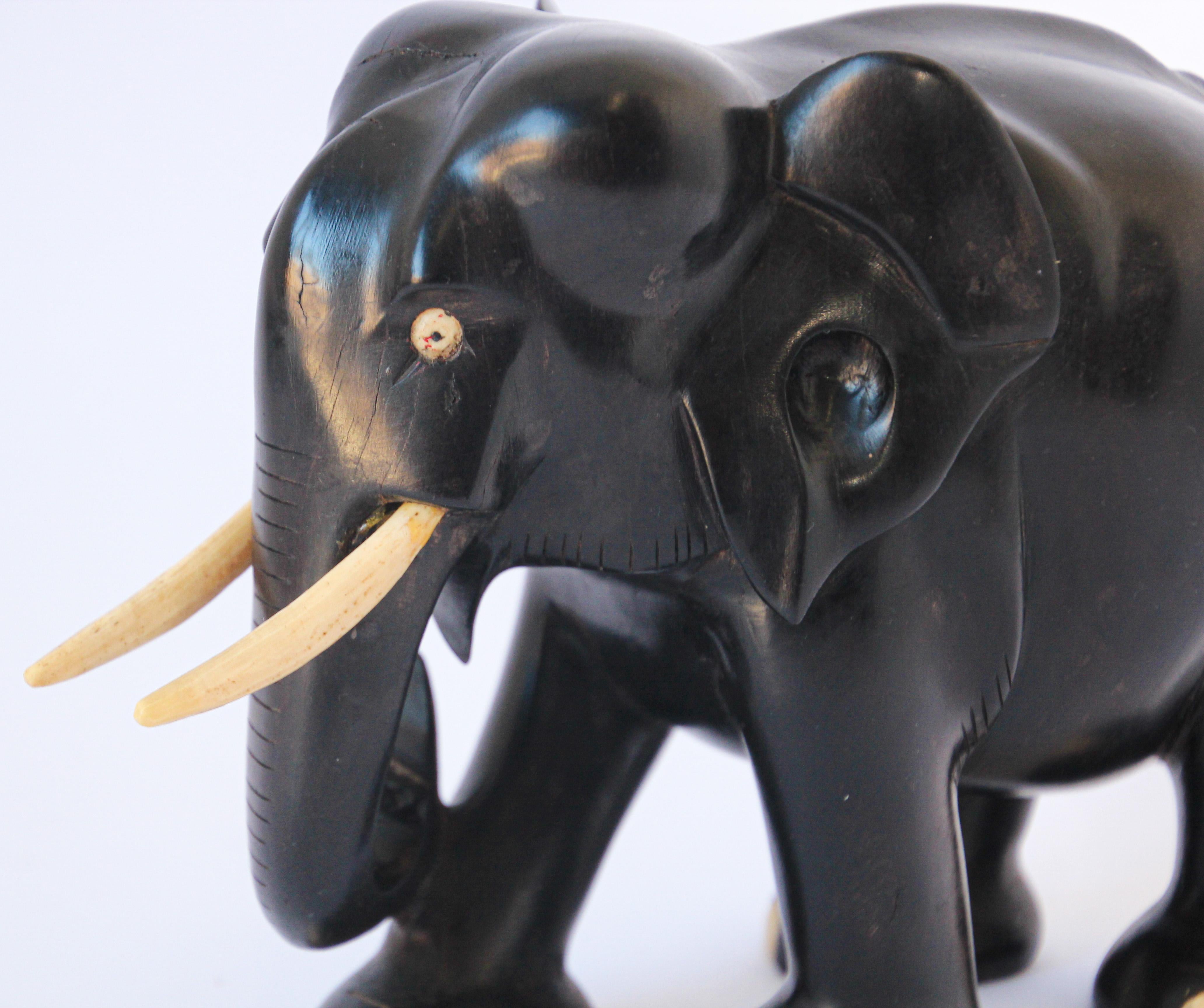 Ebony Wood Hand Carved Anglo Indian Elephant Sculpture In Good Condition In North Hollywood, CA
