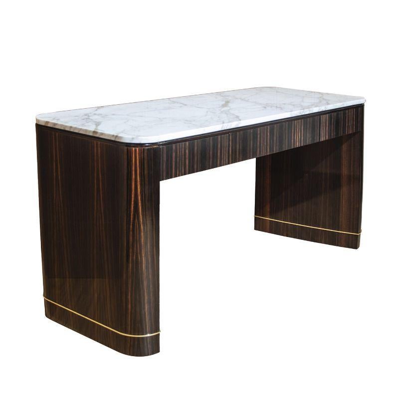 Ebony writing desk with brass details and Calacatta marble top.