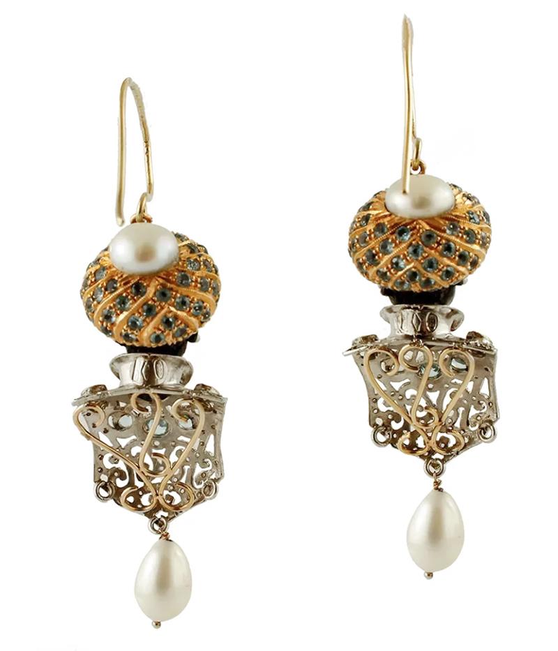 Mixed Cut Ebony, Diamonds, Topazes, Pearls, Rose Gold and Silver Retro Moretto Earrings