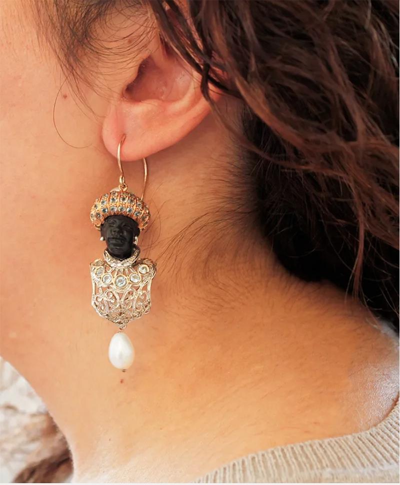 Women's Ebony, Diamonds, Topazes, Pearls, Rose Gold and Silver Retro Moretto Earrings