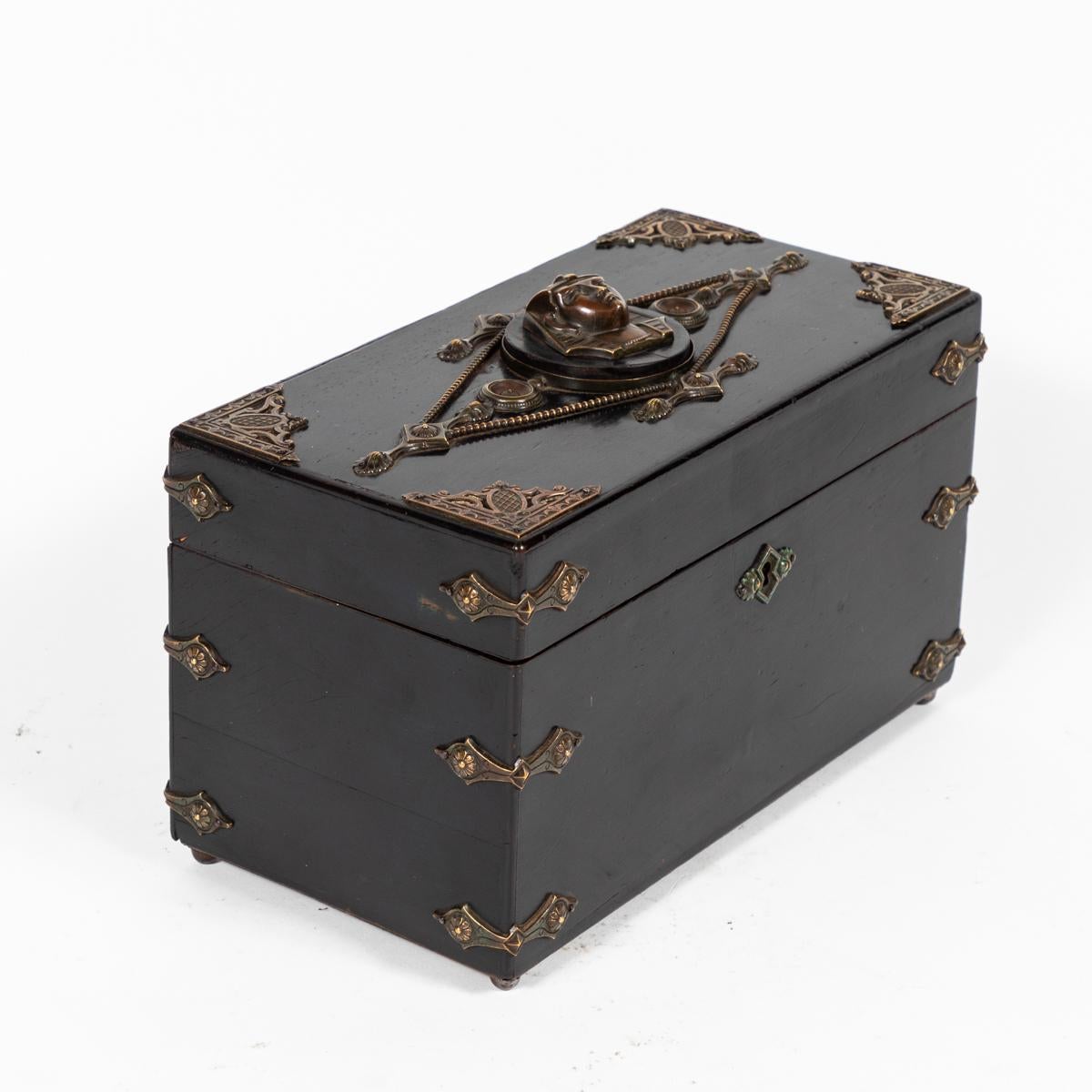 Early Victorian 19th Century Ebonized and Decorated Box with Ornate Hardware