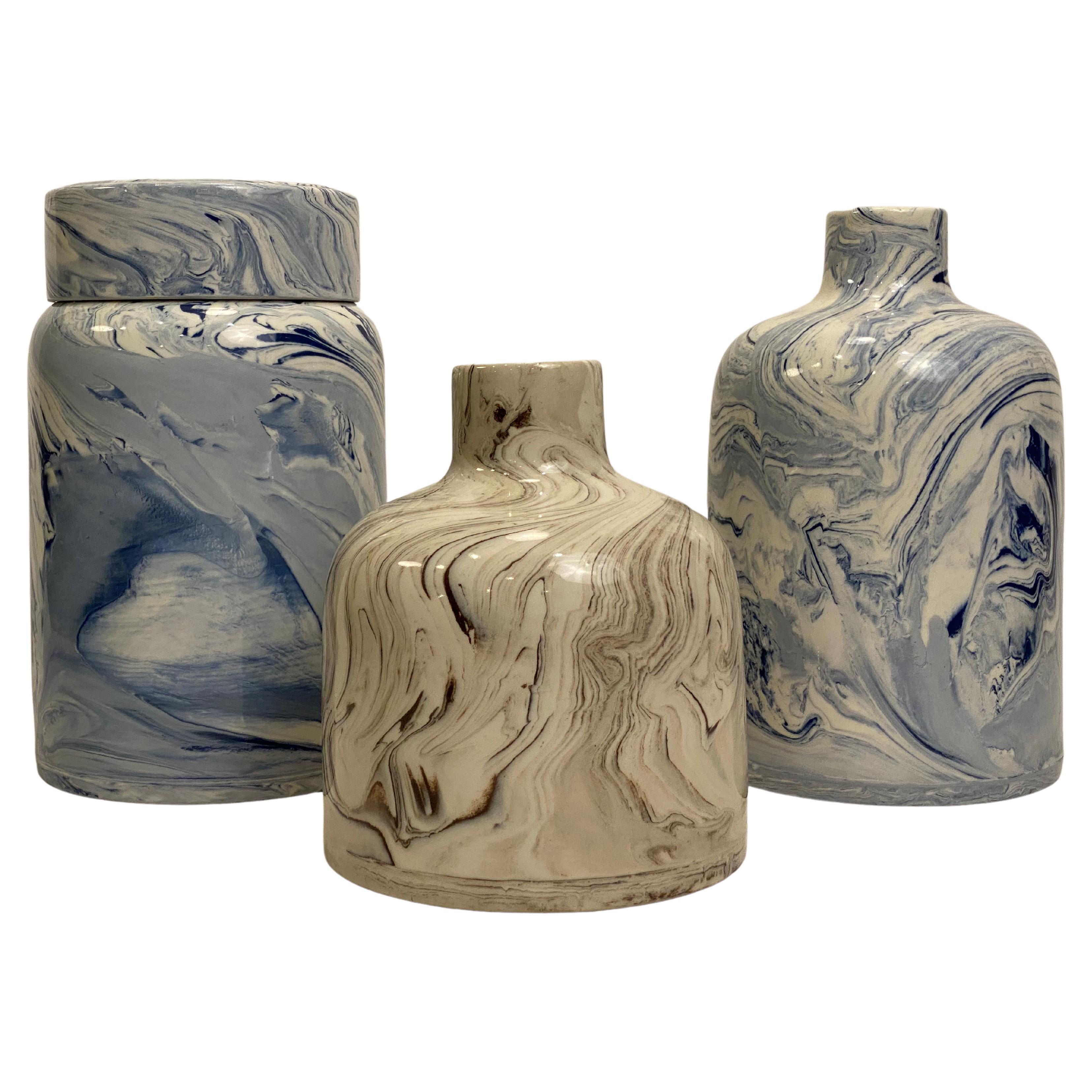 Ebru Marbelized Ceramics Grouping For Sale