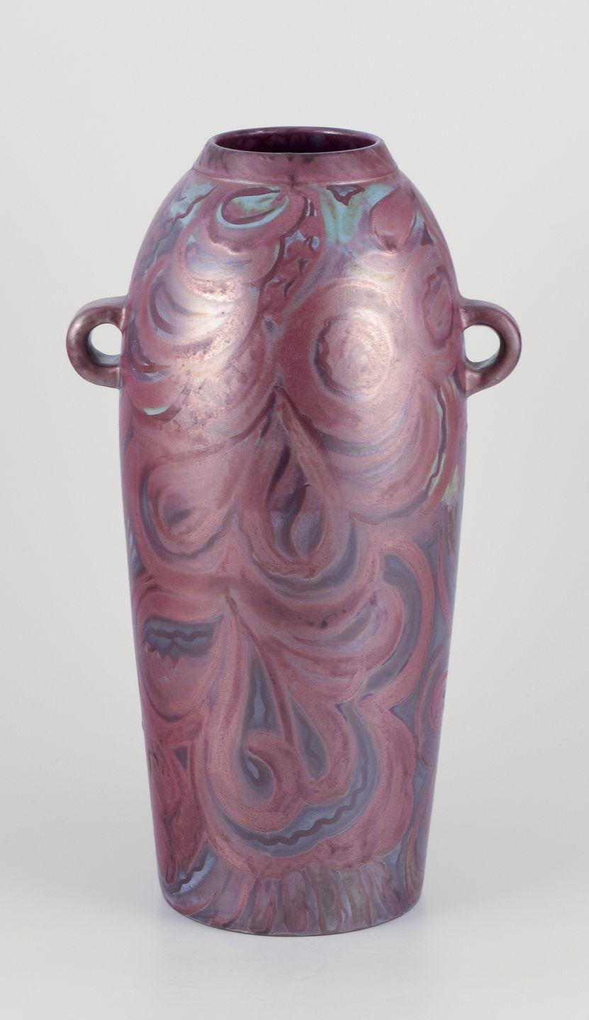 Pre-owned goods are exempt from import duties for U.S. customers. 
Therefore, no import tariffs will be applicable to your purchase.

E.B.S. Klint. Danish ceramicist.
Large unique floor vase with two handles.
Lustre glaze in violet and blue hues.