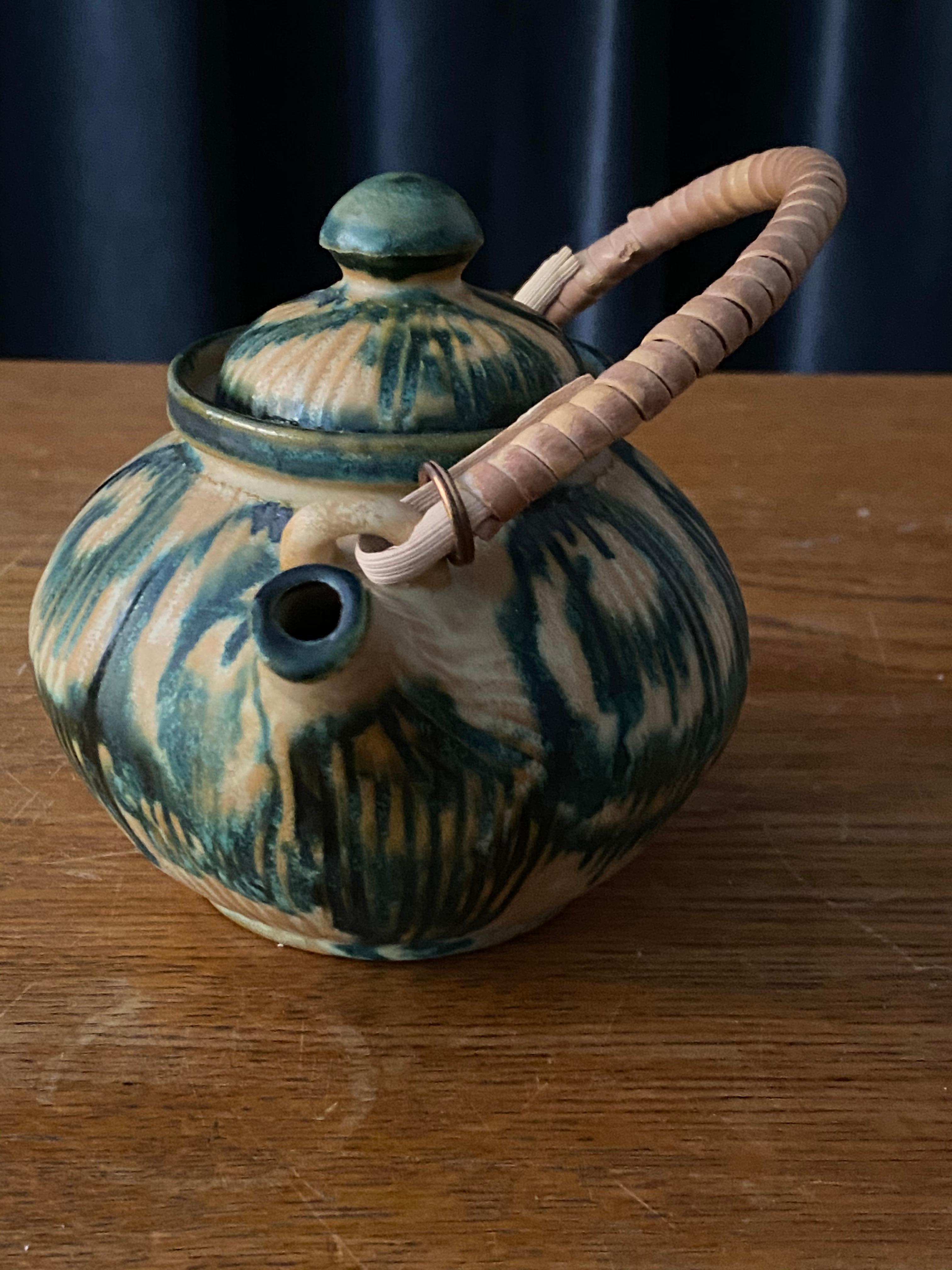 Danish EBS Klint, Small Teapot, Hand Painted Blue/Beige Stoneware, Rattan Denmark 1960s