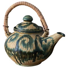 EBS Klint, Small Teapot, Hand Painted Blue/Beige Stoneware, Rattan Denmark 1960s