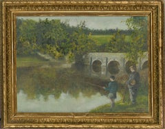A.C. - Mid 20th Century Oil, Father and Son Fishing (Père et fils en train de pêcher)
