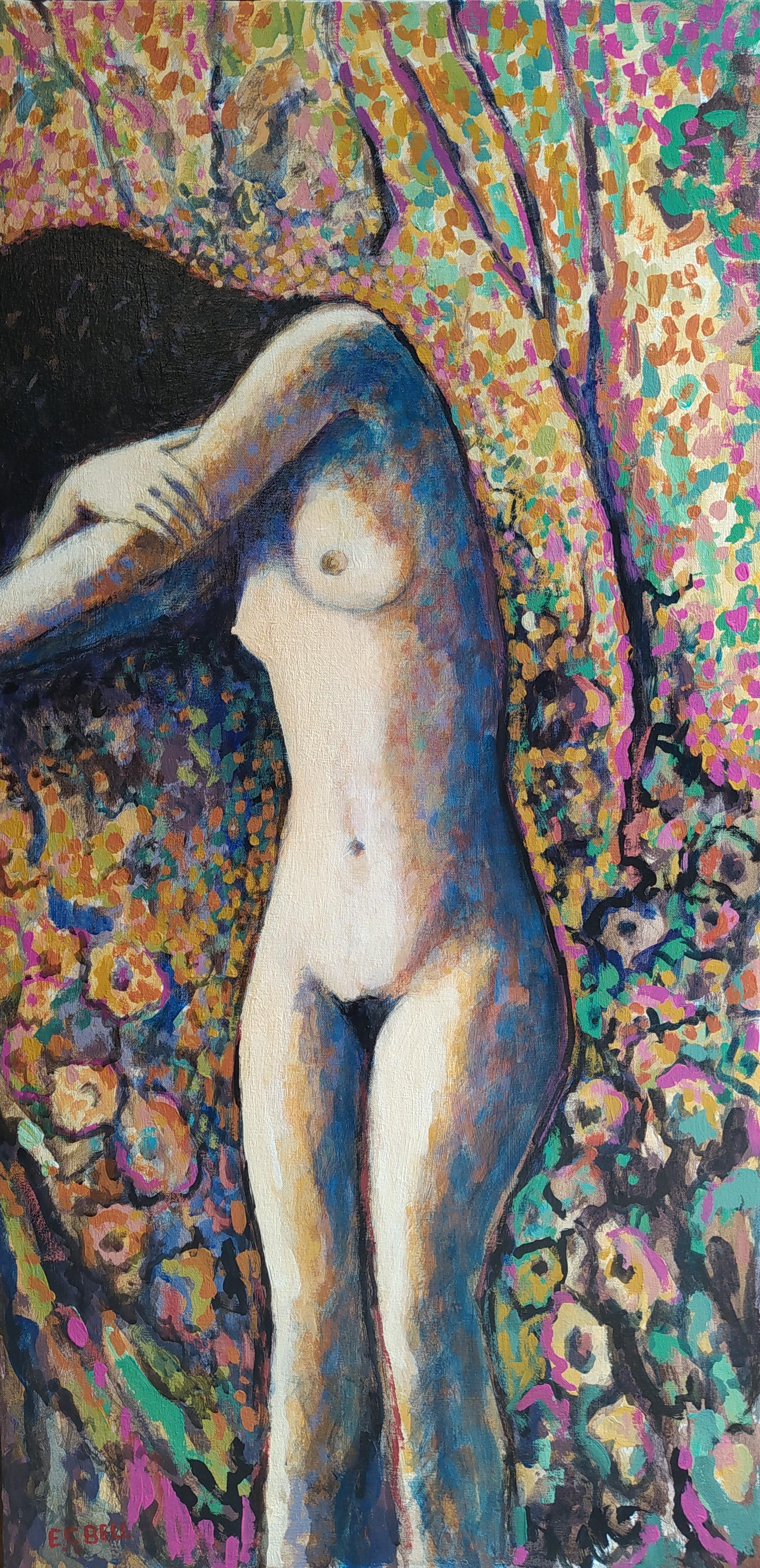 E.C. Bell Nude Painting - "Adagio" - Vertical expressionist female nude with a touch of pastel colors.