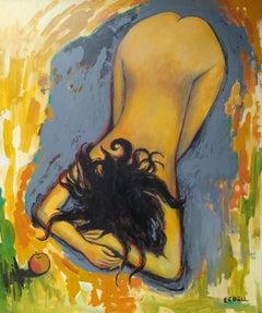 "Apple"-Vertical expressionist female nude with apple in yellow, green and gray.