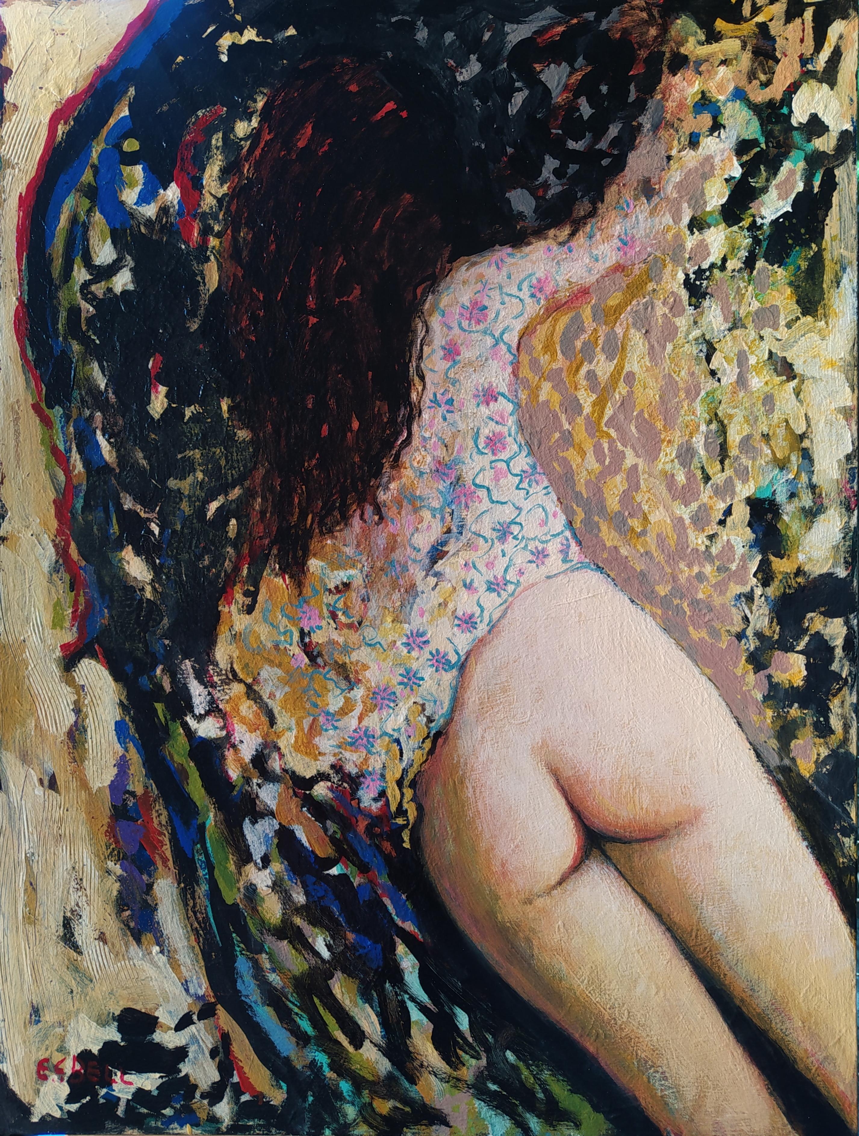 "Christmas Morning" - Vertical expressionist female semi-nude in pale colors.