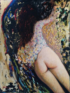 "Mattina di Natale" - Semi-nudo femminile espressionista verticale in colori chiari.