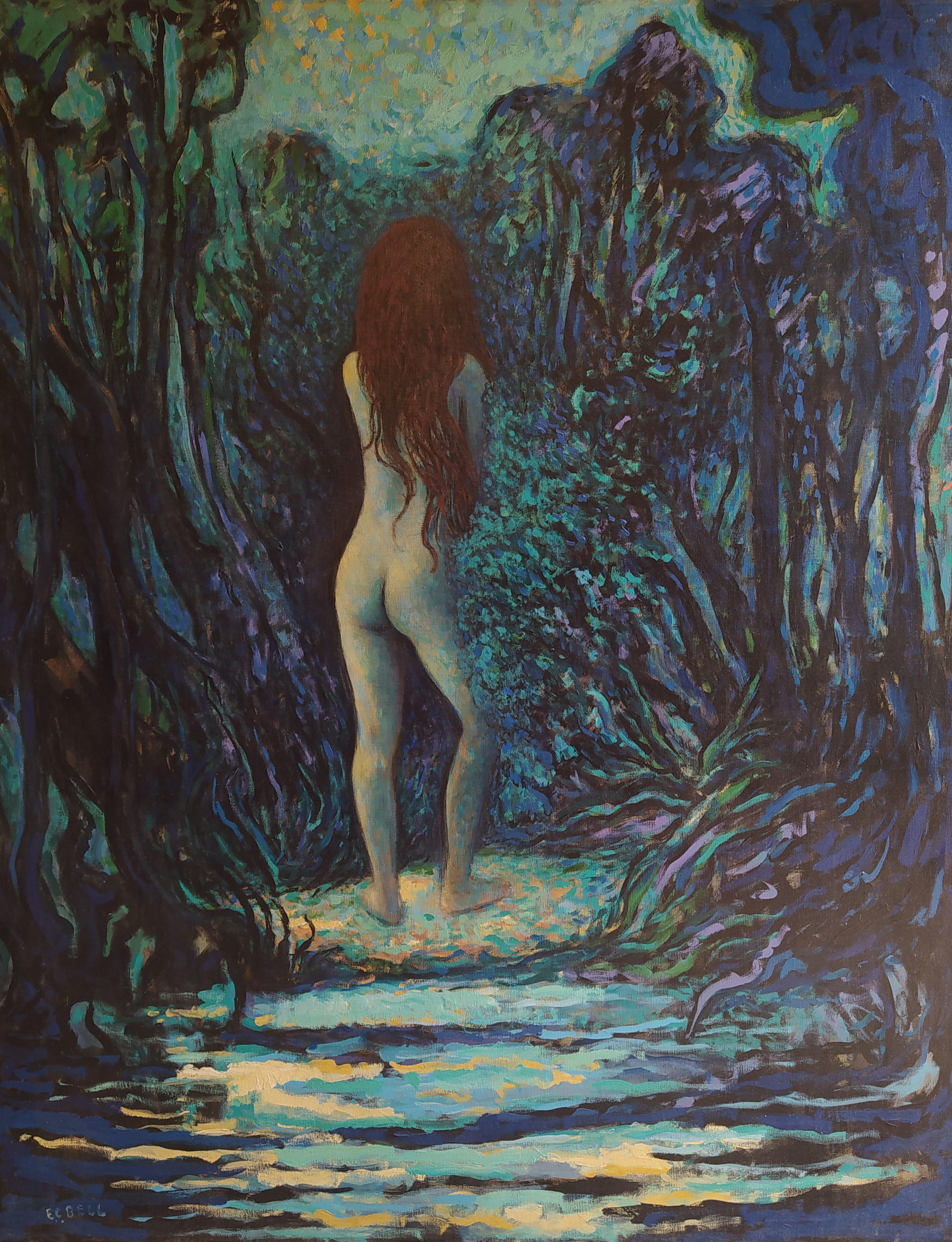 E.C. Bell Nude Painting - "Clearing" - Vertical expressionist landscape with nude, acrylic on canvas.