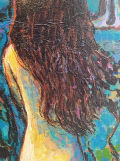 « Création » - Paysage expressionniste avec nu, acrylique sur toile bleue