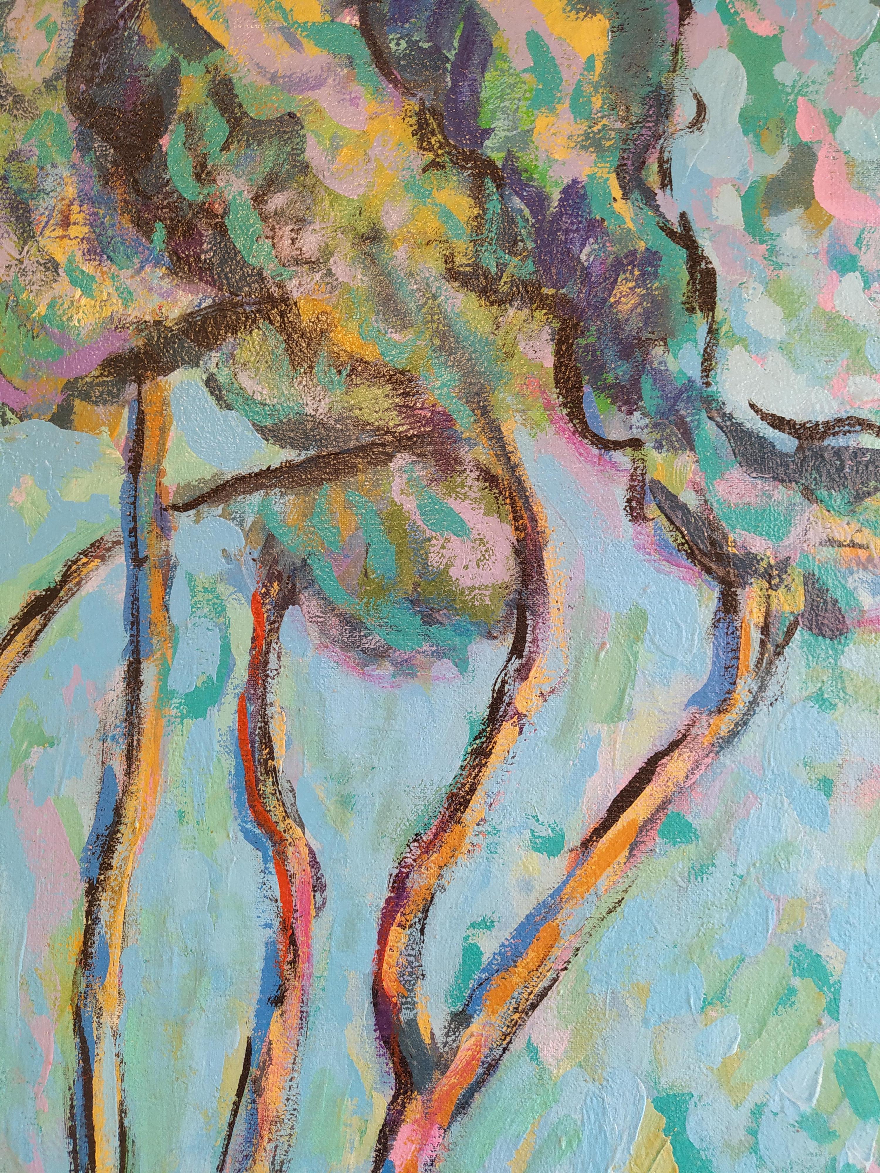 „“Kreation““ – expressionistische Landschaft mit nacktem Akt, Acryl auf Leinwand Blau (Grau), Nude Painting, von E.C. Bell