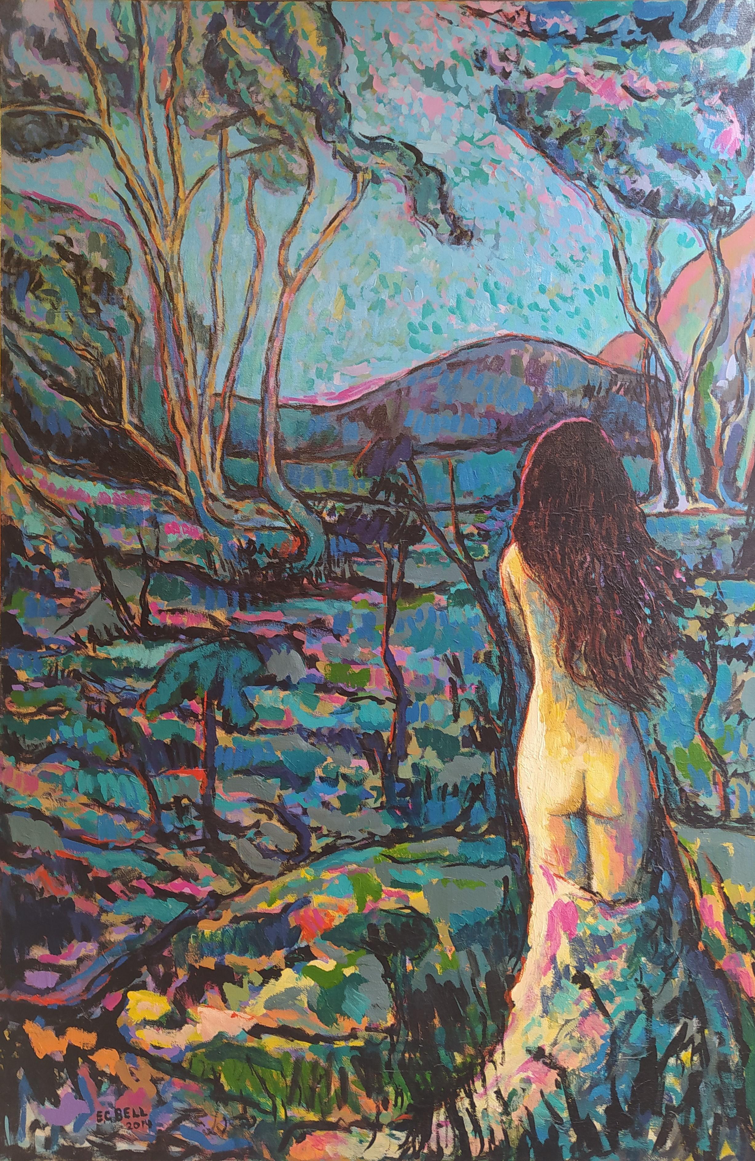 E.C. Bell Nude Painting - "Creation" - Colorful vertical expressionist landscape with female nude. 