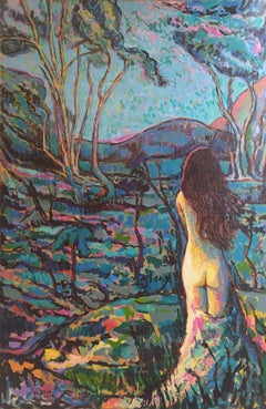 « Création » - Paysage expressionniste avec nu, acrylique sur toile bleue