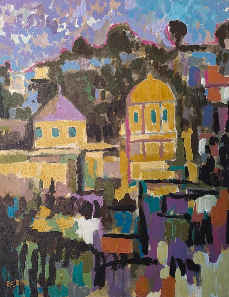 E.C. Bell Landscape Painting - "Domes" - Colorful vertical & outdoor expressionist painting with domes.