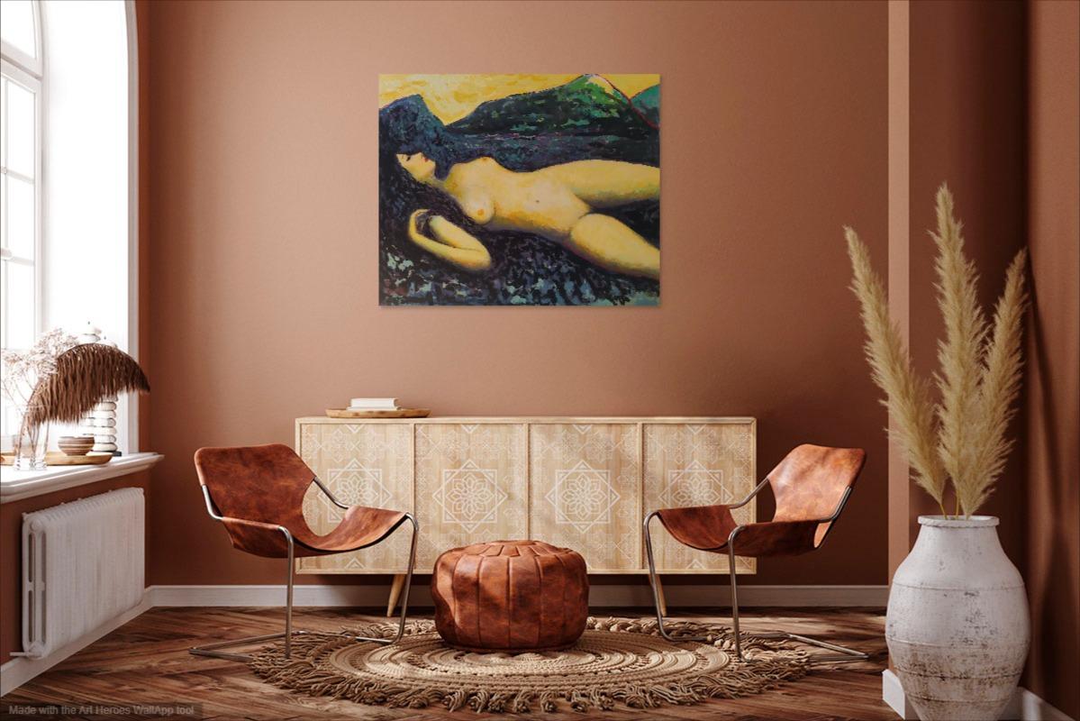 „Flatlander“ – Horizont-expressionistischer weiblicher Akt mit Landschaft im Hintergrund. im Angebot 3