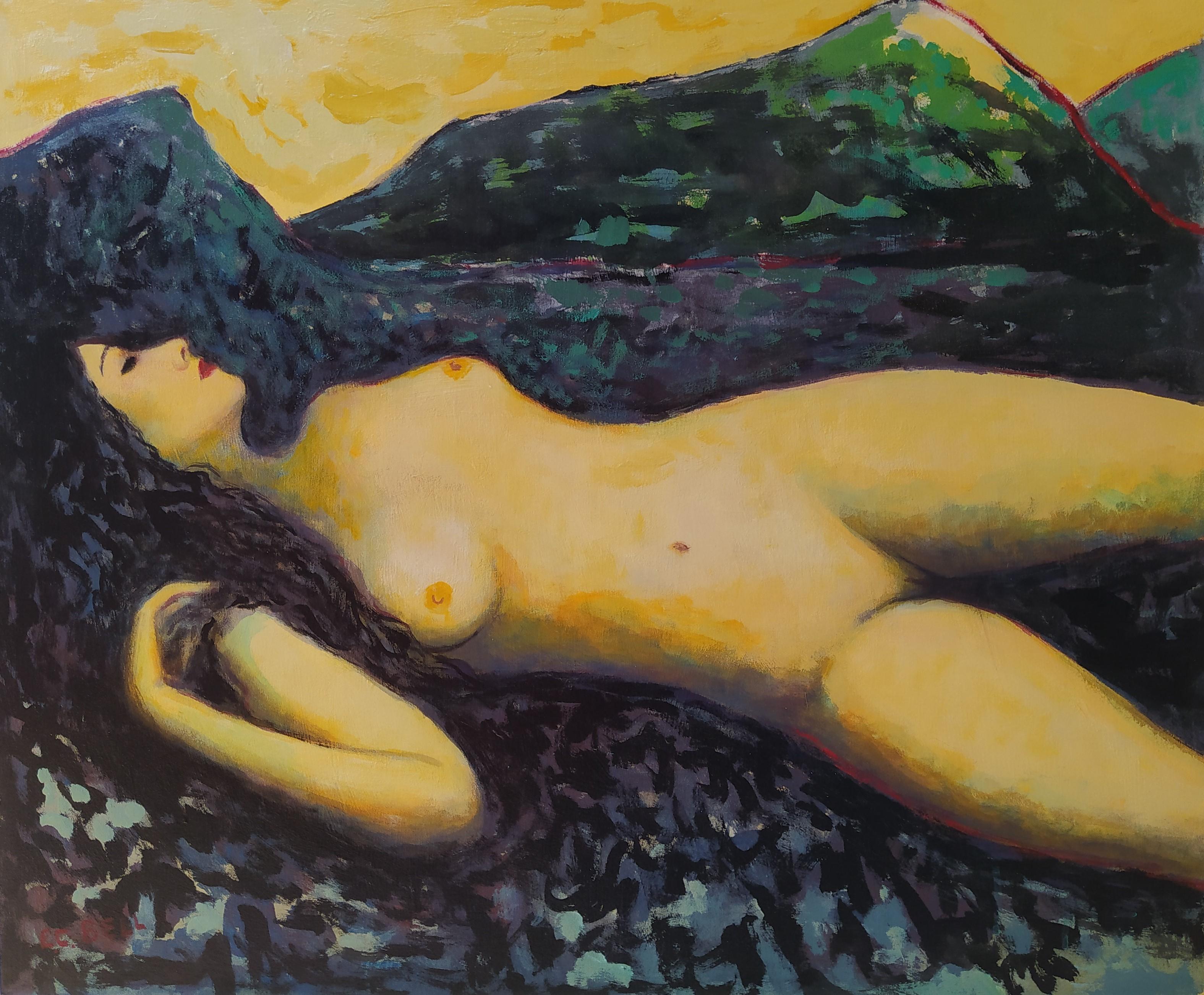 E.C. Bell Figurative Painting - "Flatlander"- Horizontal expressionist female nude with landscape in background.