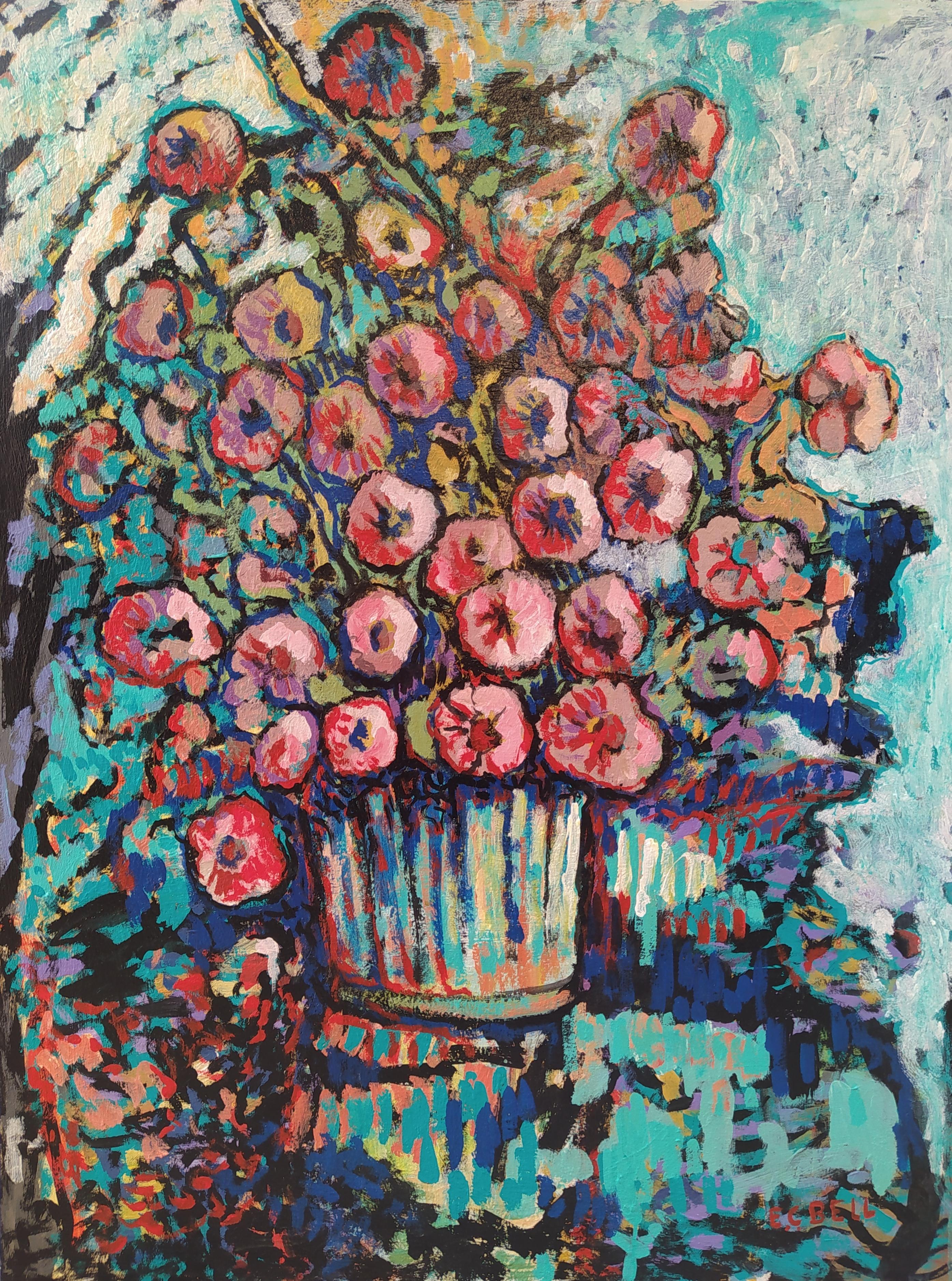 "Flowers" - Colorful vertical expressionist still-life painting.
