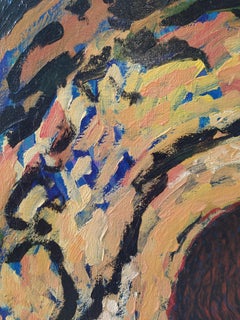 "Ginger Portal" - Vertical expressionist female nude in dark & light colors.
