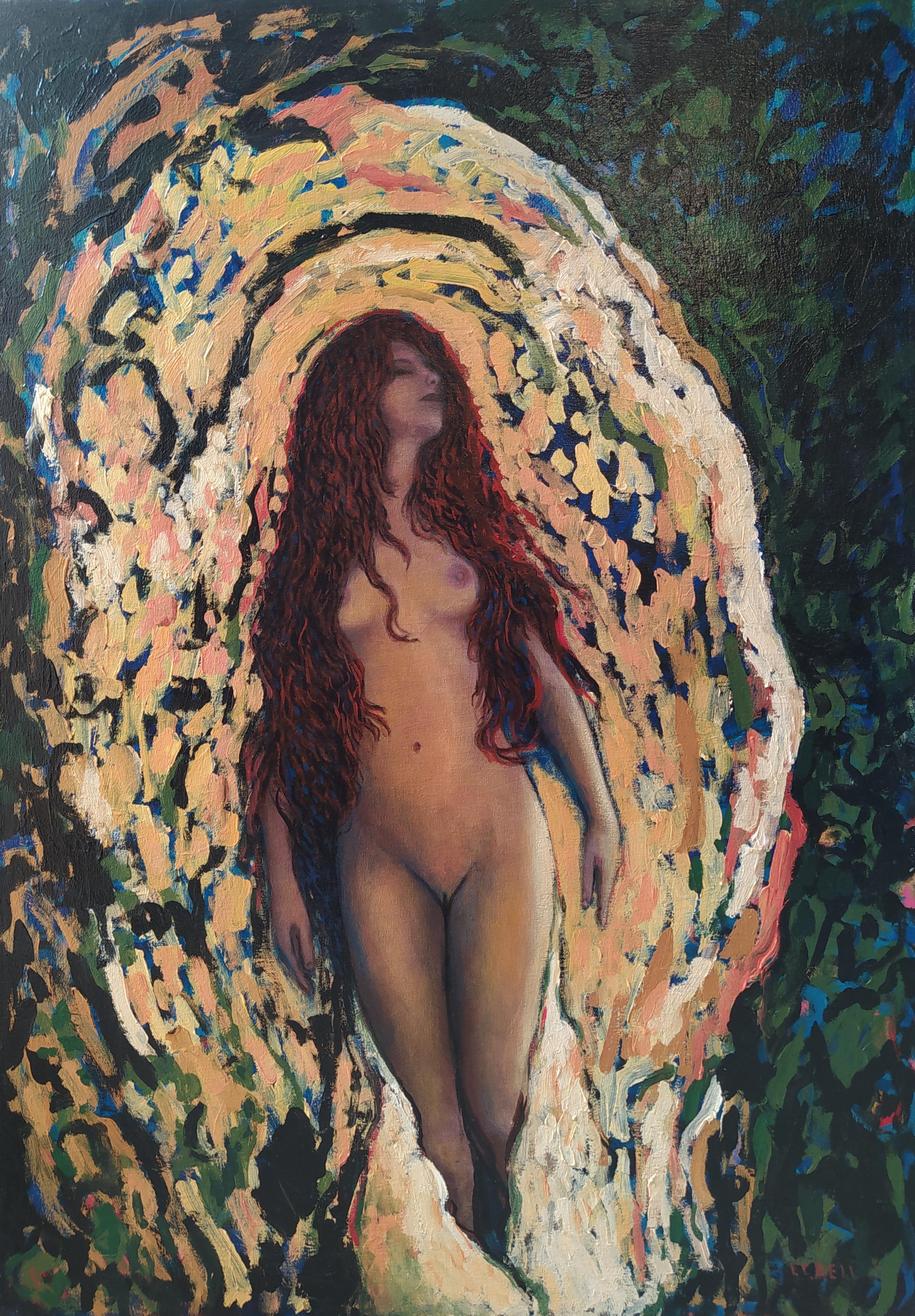 E.C. Bell Nude Painting - "Ginger Portal" - Vertical expressionist female nude in dark & light colors.