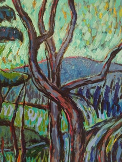 "Paisaje con Setas" - Paisaje vertical expresionista turquesa.