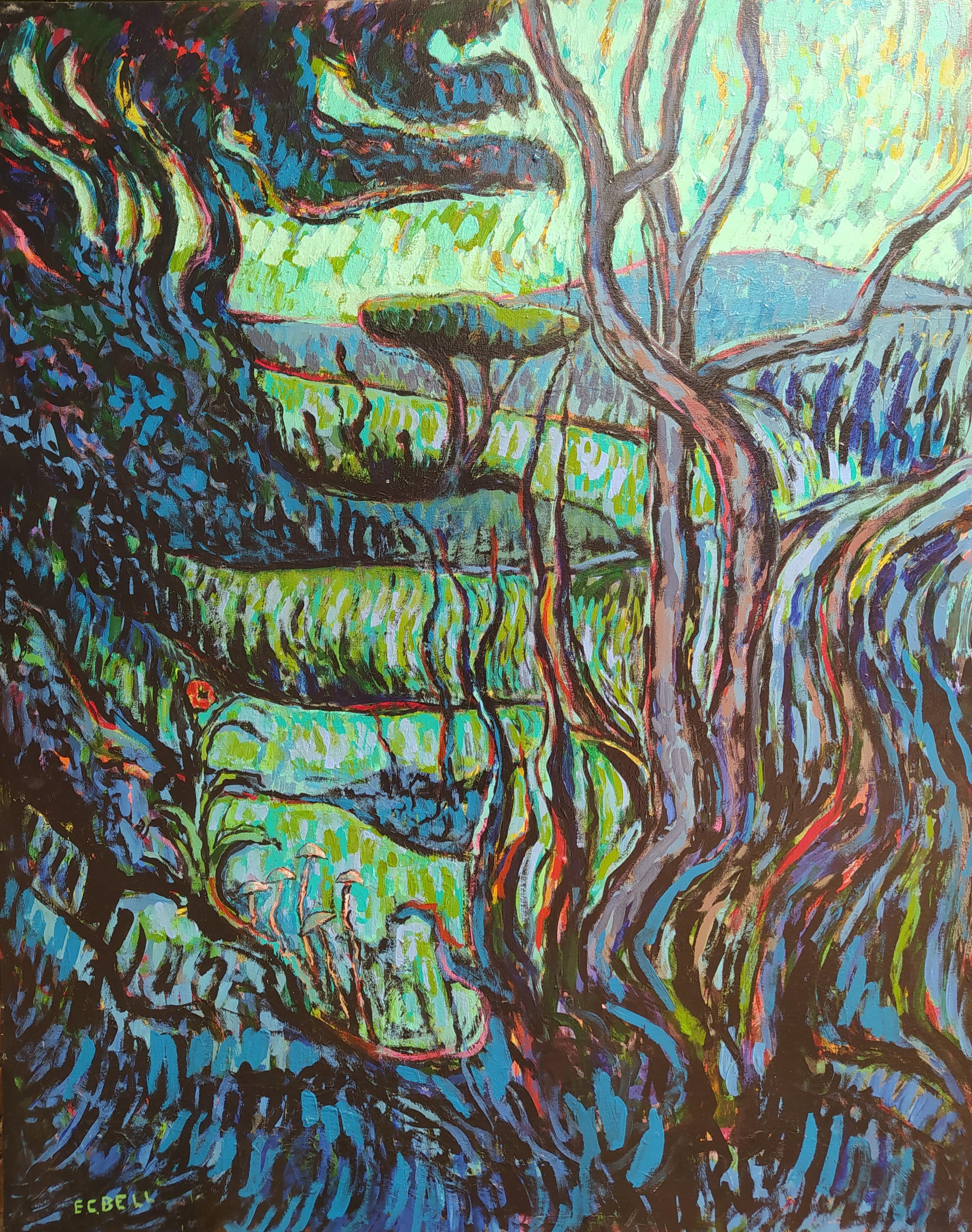 E.C. Bell Landscape Painting - "Landscape with Mushrooms" - Vertical expressionist turquoise landscape.
