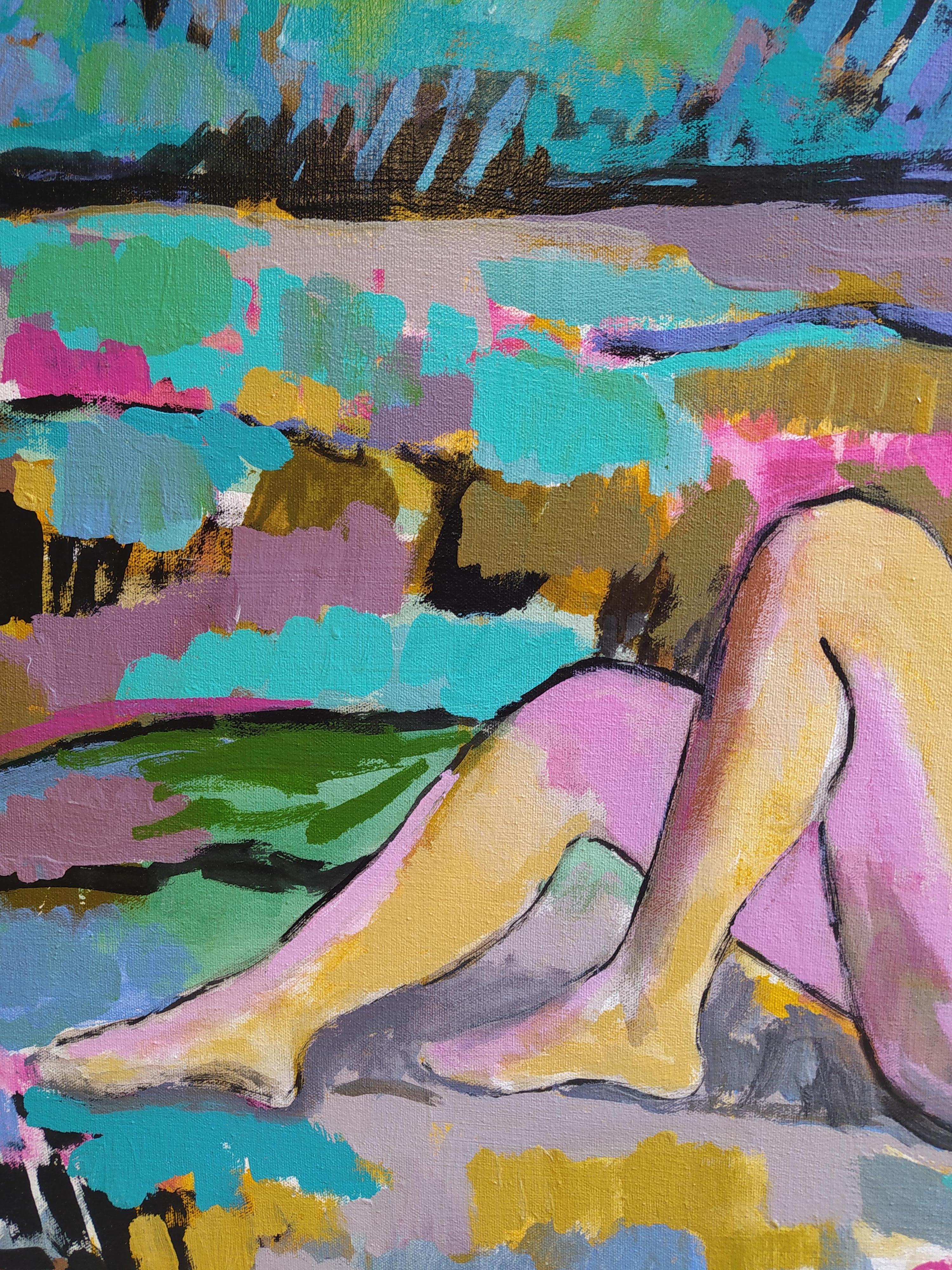„Landschaft mit Akt“ – farbenfrohe horizontale expressionistische Landschaft mit Akt. – Painting von E.C. Bell