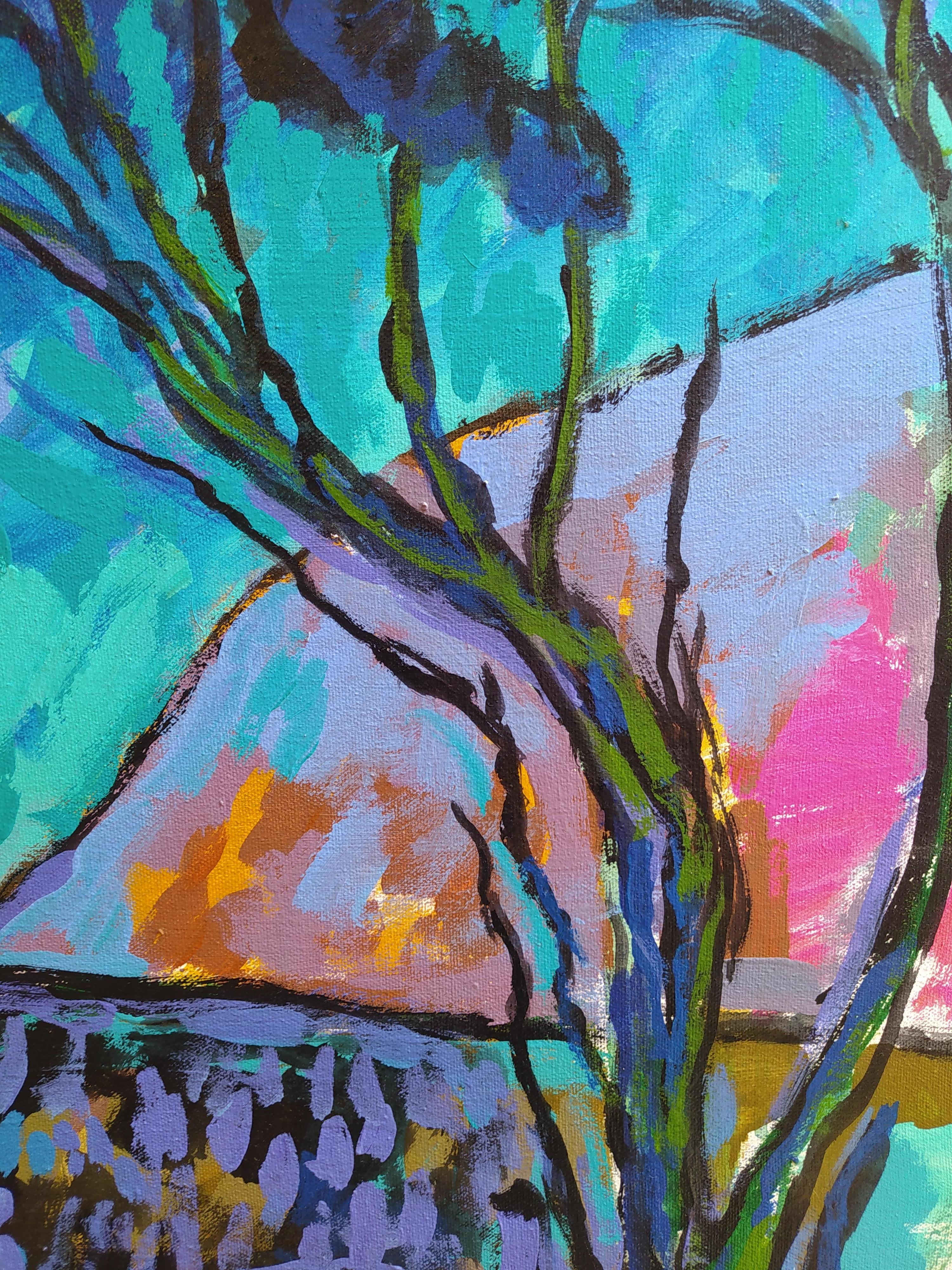 „Landschaft mit Akt“ – farbenfrohe horizontale expressionistische Landschaft mit Akt. (Grau), Nude Painting, von E.C. Bell