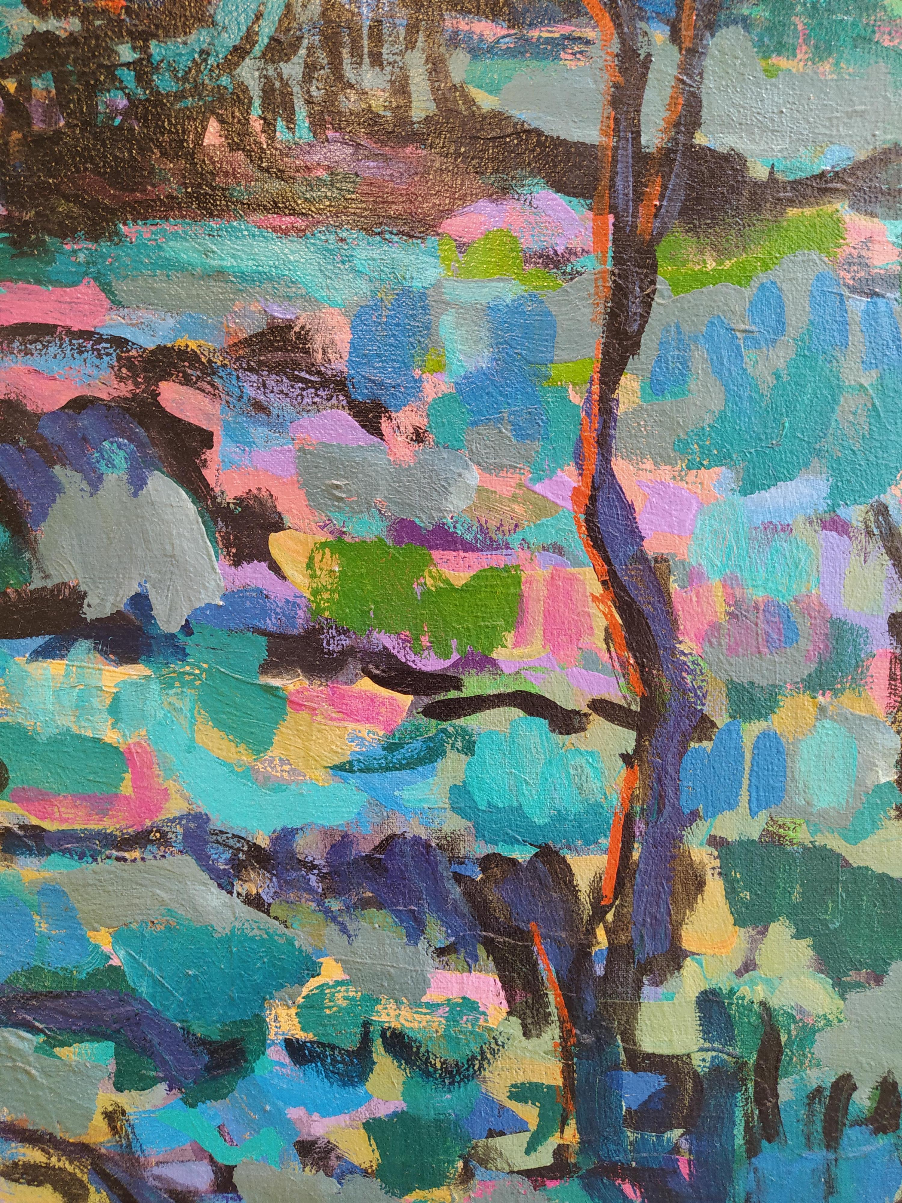 „Landschaft mit Akt“ – farbenfrohe horizontale expressionistische Landschaft mit Akt. im Angebot 1