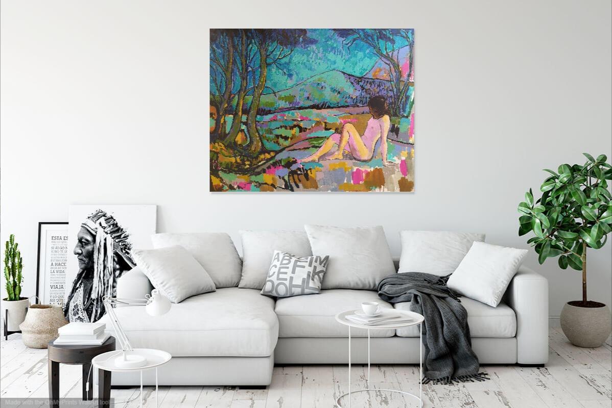 „Landschaft mit Akt“ – farbenfrohe horizontale expressionistische Landschaft mit Akt. im Angebot 4