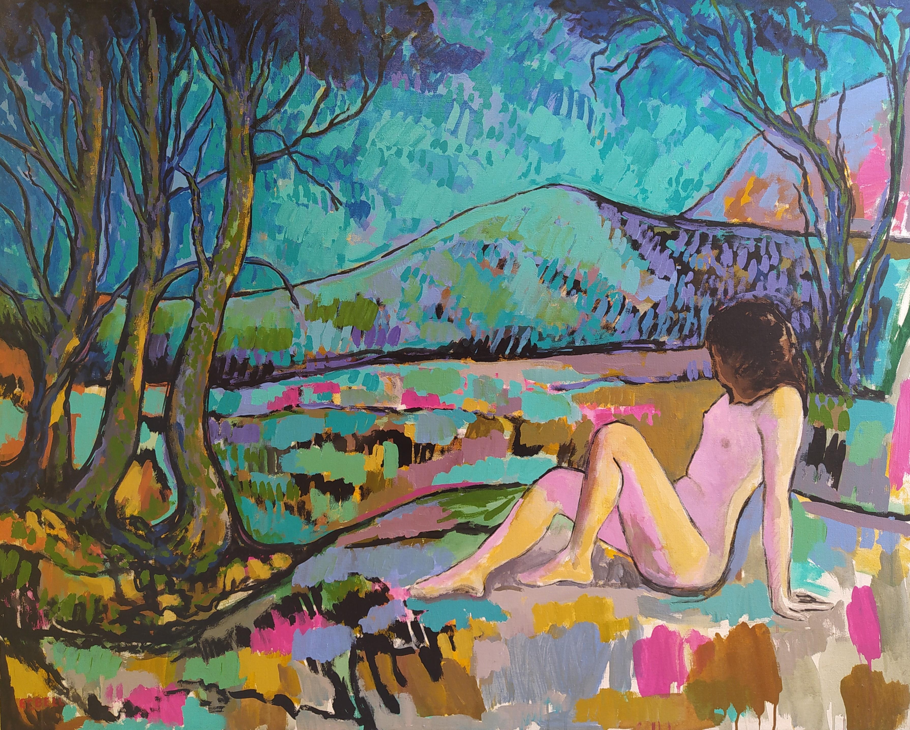 E.C. Bell Nude Painting – „Landschaft mit Akt“ – farbenfrohe horizontale expressionistische Landschaft mit Akt.