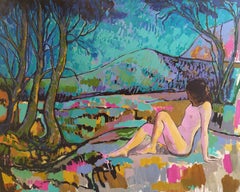 "Landscape with Nude" - Colorful horizontal expressionist landscape with nude.