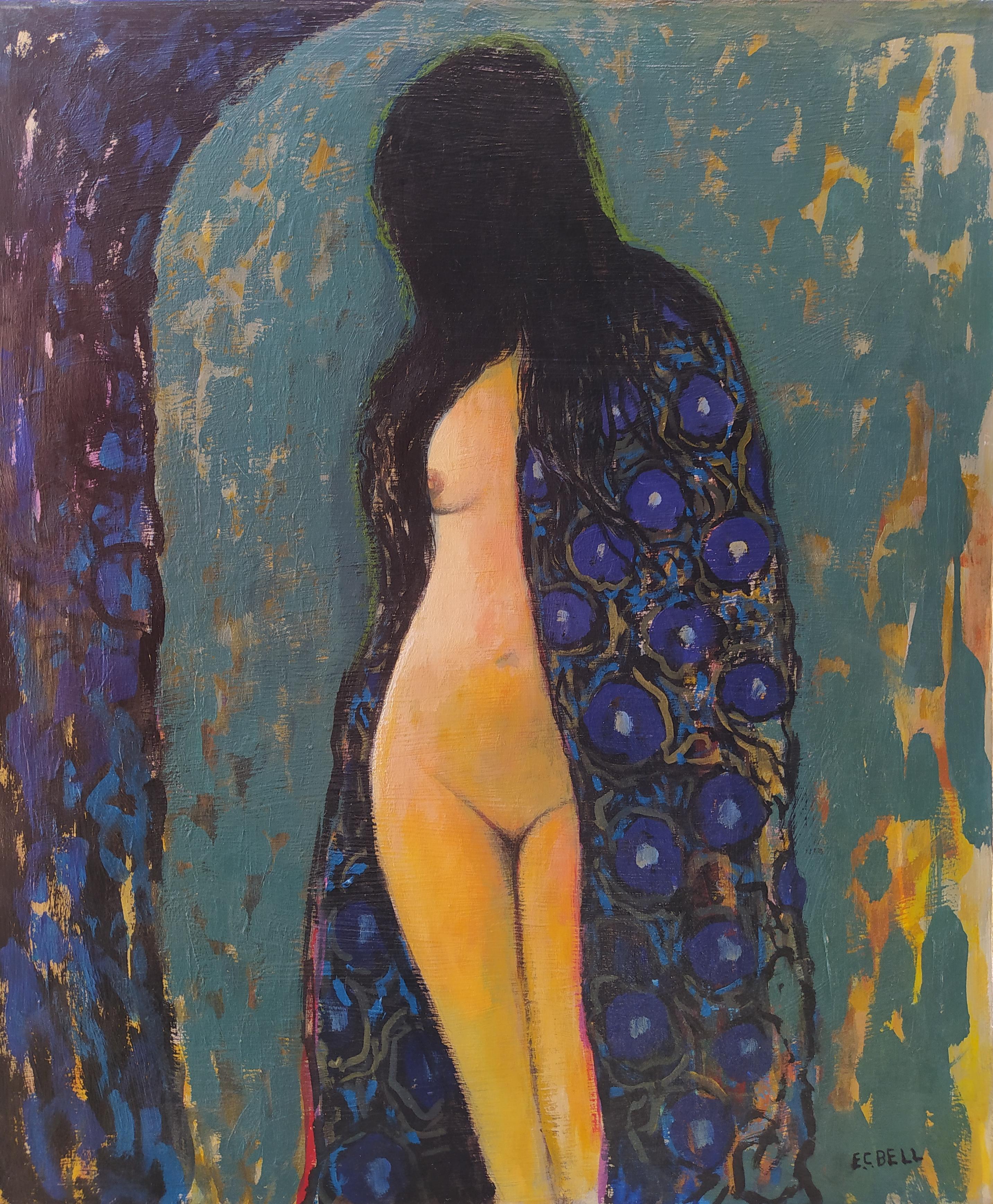 „Morning Glory Kleid“ – vertikales expressionistisches weibliches Halbakt mit Kleid.