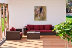 "Naked woman with white flowers"- Yellow ochre expressionist nude with flowers.