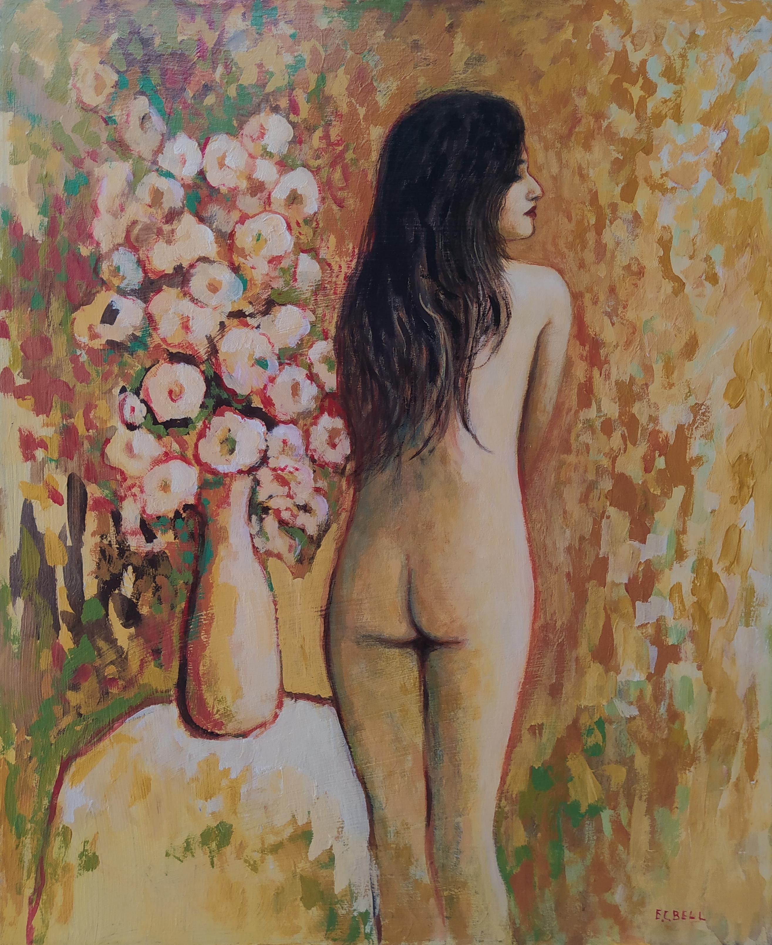 „Nackte Frau mit weißen Blumen“ – gelber ockerfarbener expressionistischer Akt mit Blumen.