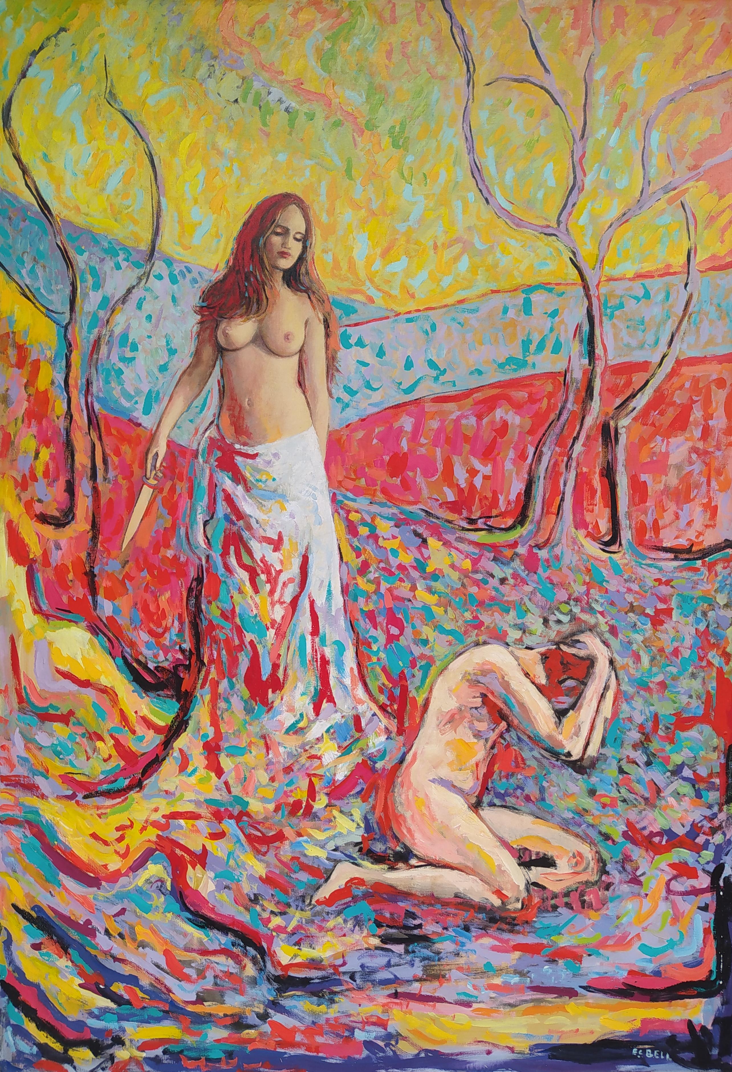 E.C. Bell Nude Painting - "Never More" - Vertical expressionist landscape with nudes in warm colors.