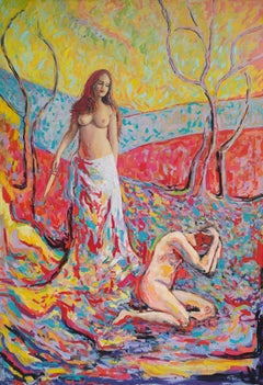 "Nunca Más" - Paisaje expresionista vertical con desnudos en colores cálidos.
