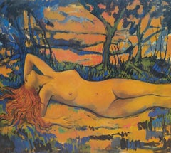 "Ochre" - Horizontal expressionist nude with landscape in ochre and blue tones.
