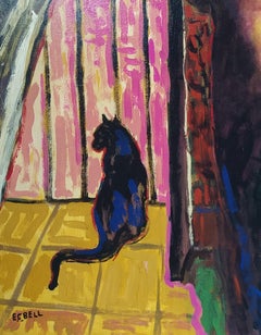 "Desfile" - Pintura vertical de colores para interiores. Desnudo femenino expresionista con gato.