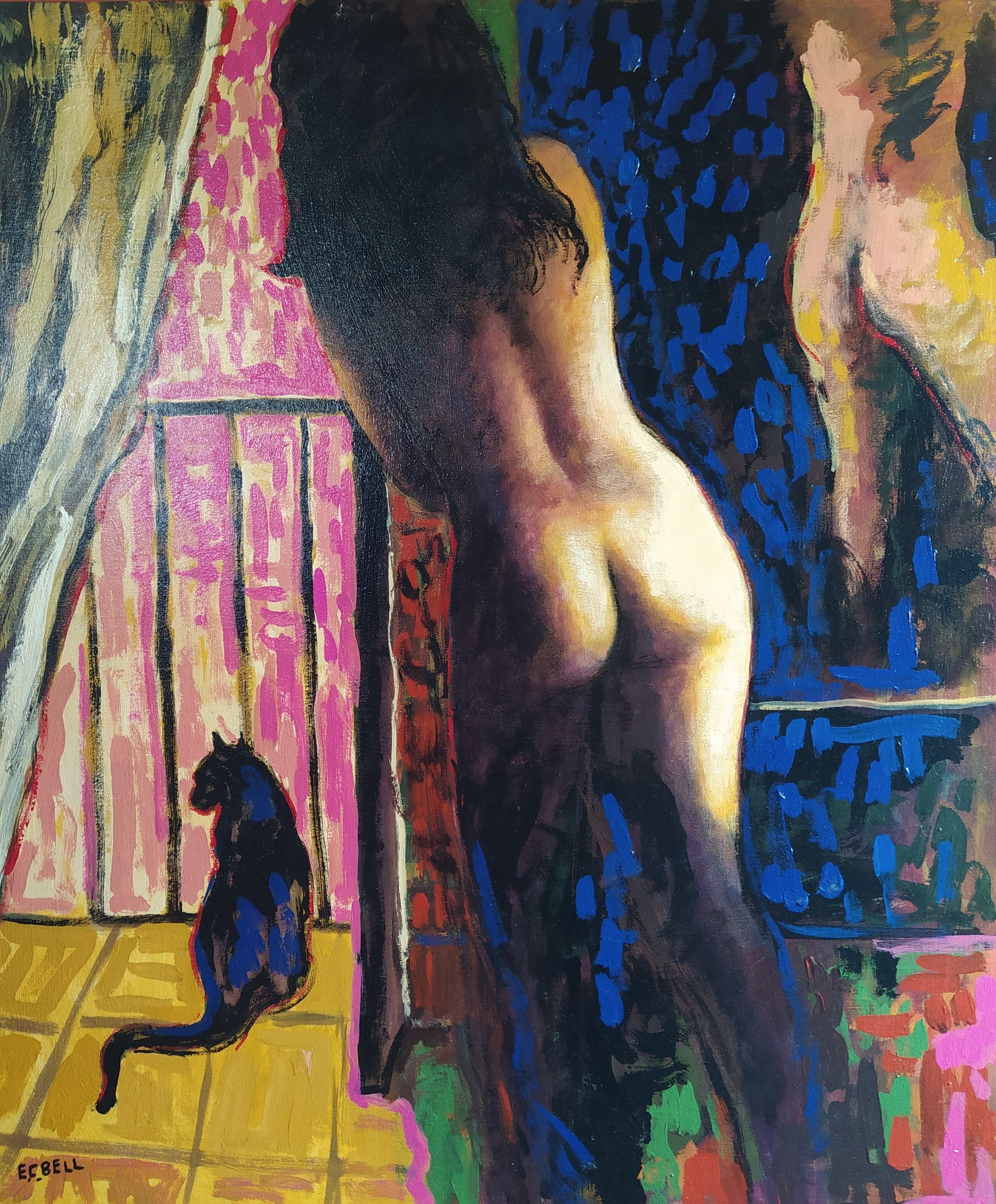 E.C. Bell Nude Painting - "Parade"- Colorful vertical indoor painting. Expressionist female nude with cat.