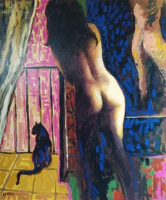 "Parade"- Colorful vertical indoor painting. Expressionist female nude with cat.